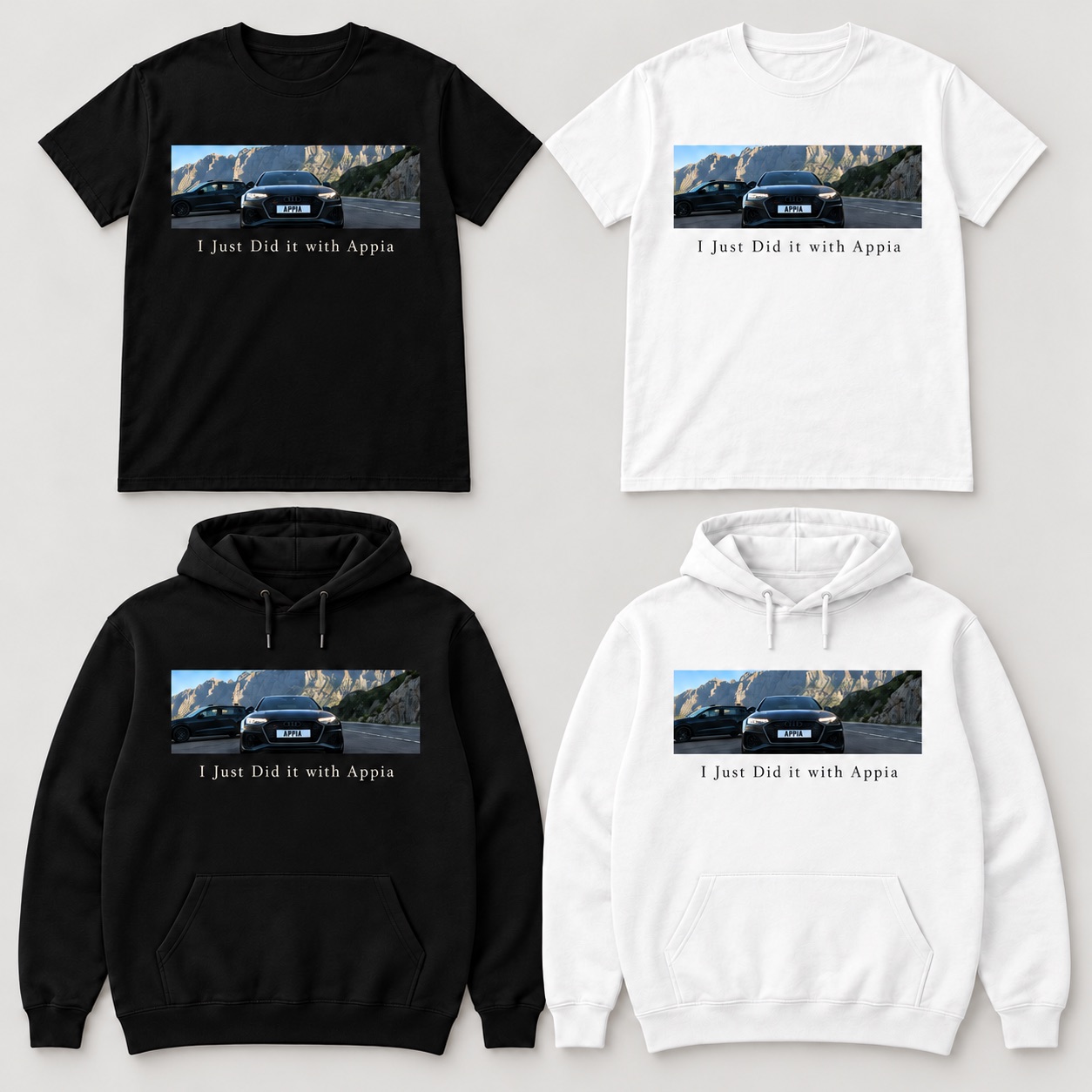 Concept designs for black and white Appia T-shirts and hoodies featuring the mountain photo, APPIA number plate and the wording I Just Did it with Appia