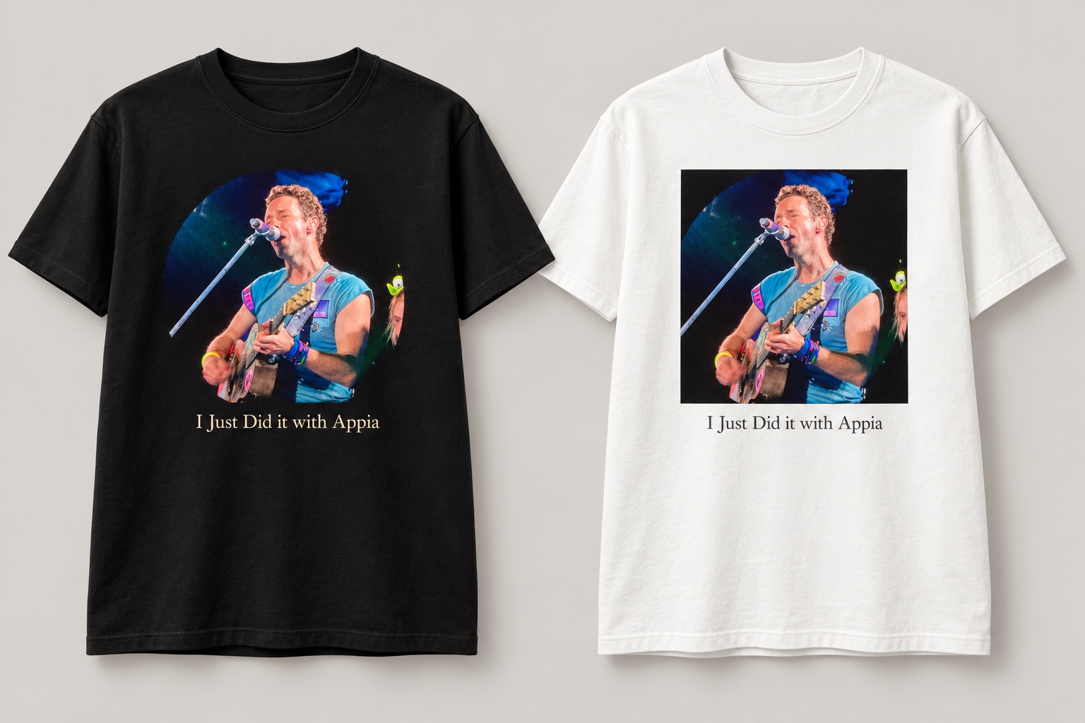 Second concert design: black and white T-shirts featuring the singer with guitar and the subtle caption I Just Did it with Appia