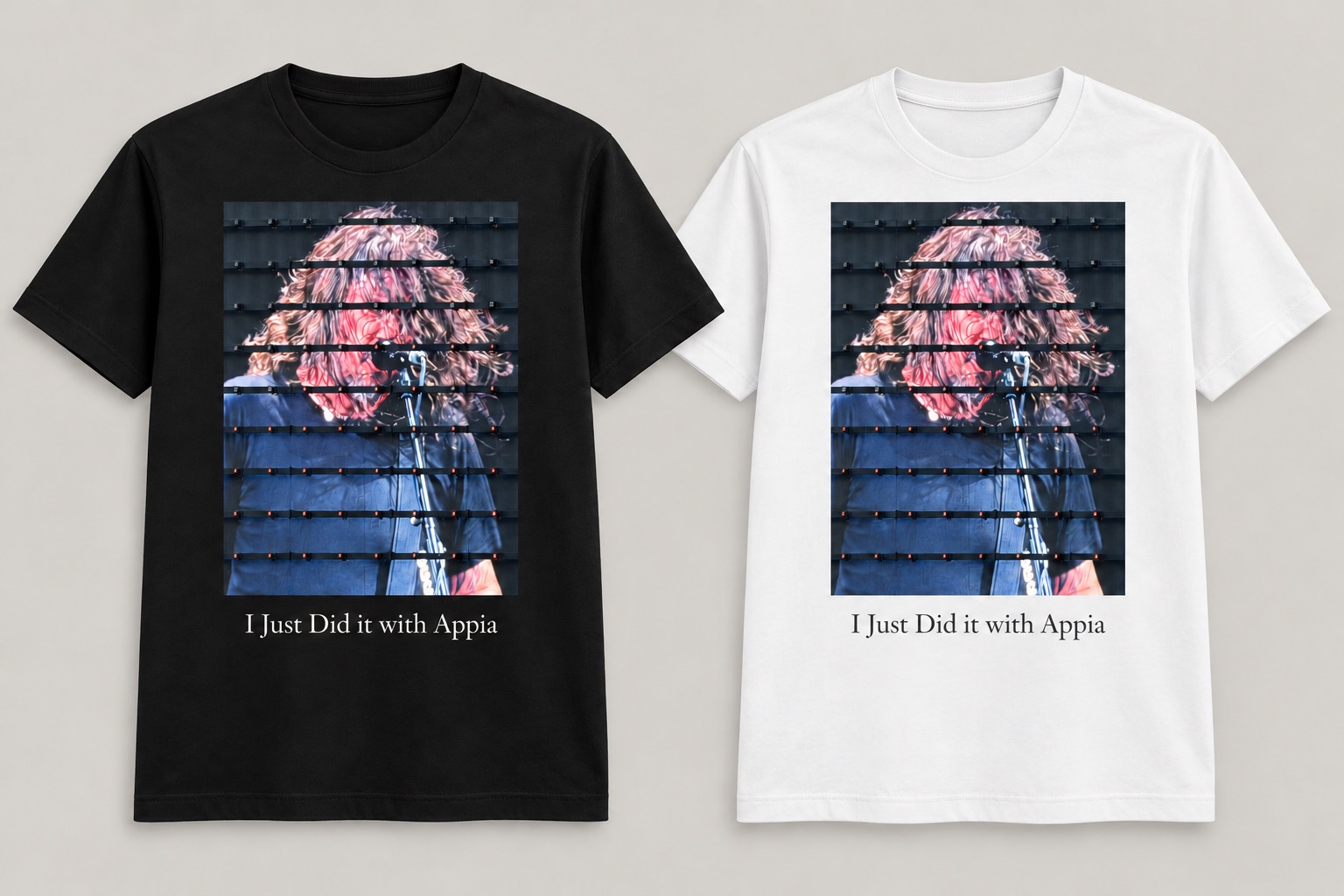 Black and white concert T-shirt concepts with I Just Did it with Appia lettering