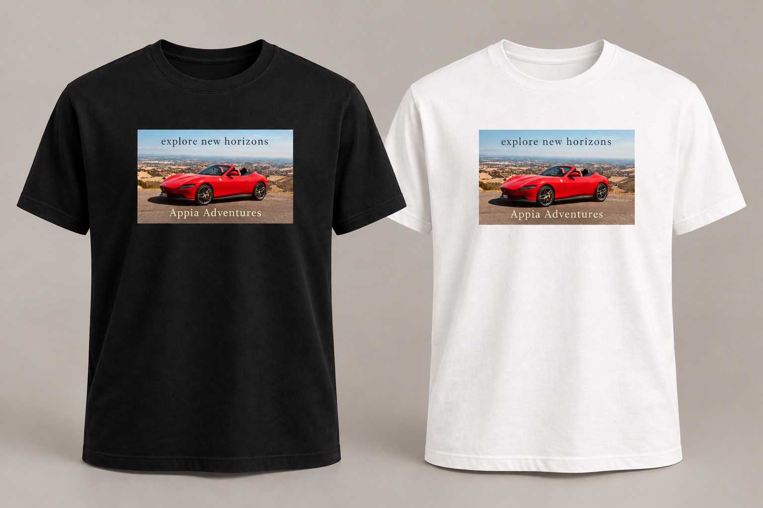 Black and white T-shirts with a compact red convertible photograph, explore new horizons lettering in the sky and Appia Adventures on the road