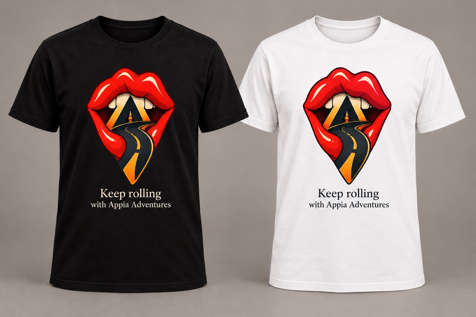 Black and white Keep rolling with Appia Adventures T-shirt mockups with thick red lips and the Appia A flowing into a road tongue
