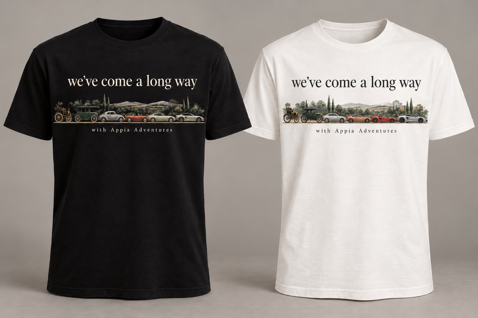 Black and white T-shirt mockups showing an evolution of cars with progressively lower sporty rooflines and the wording we’ve come a long way with Appia Adventures